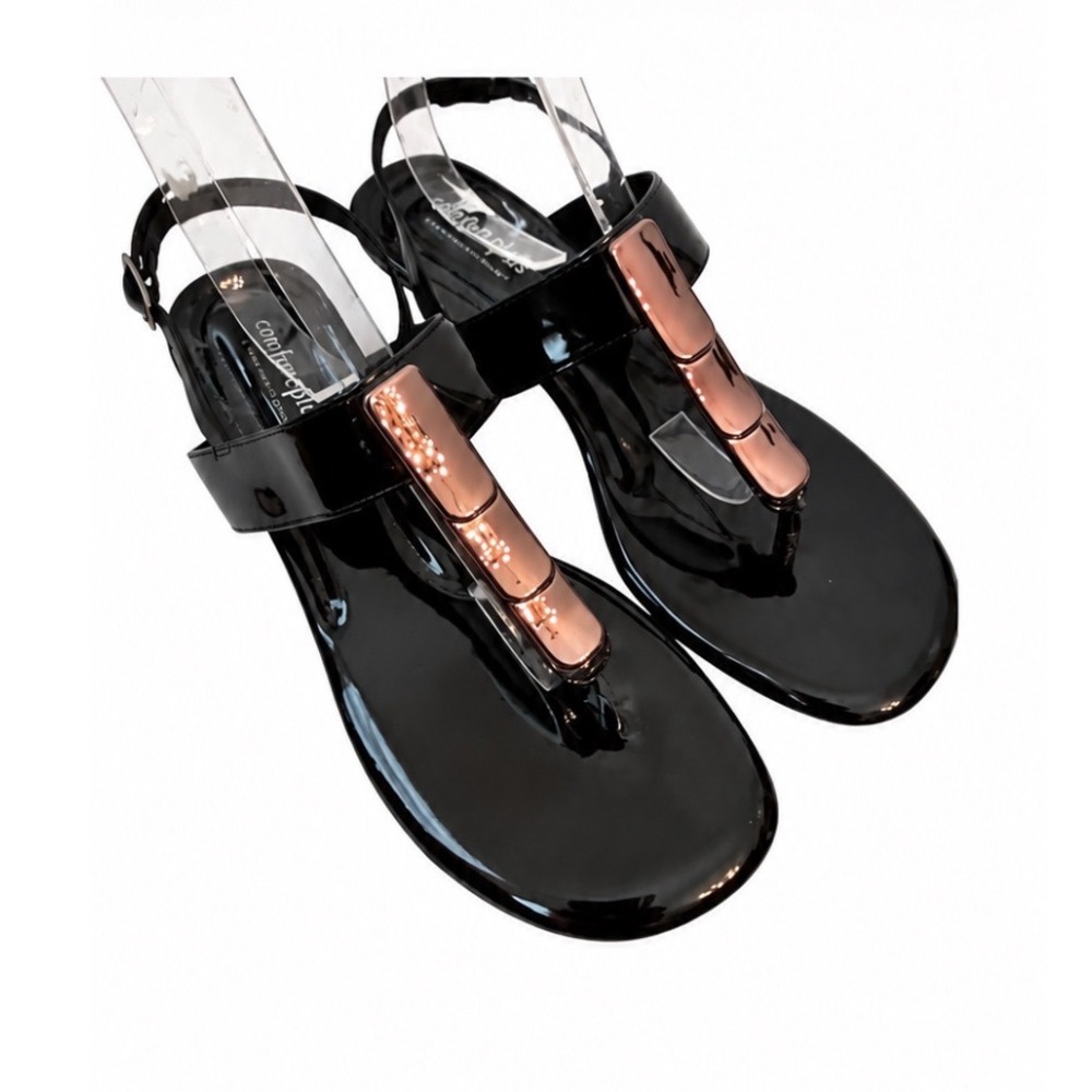 Comfort Plus by Predictions Sz 8.5 Black Patent T-Strap Wedge Sandals Rose Gold